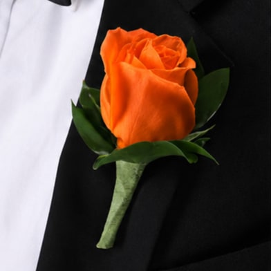 Orange Boutonnière - A classic orange rose boutonnière that compliments any suit. A perfect addition to any prom, formal, or wedding event. 