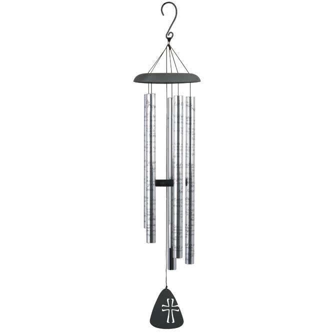 Silver wind chime with hanging metal tubes and a black clapper