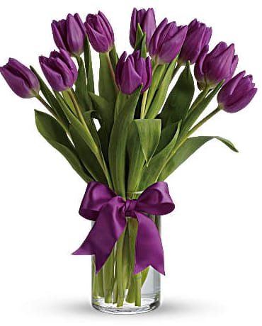 Purple tulips in a clear glass vase tied with a purple ribbon