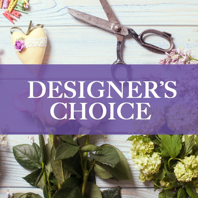 Designer’s choice floral graphic with scissors, ribbon, and flowers