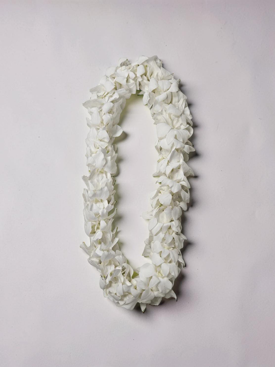 The Lei Boutique - A delicate all-white floral lei designed to convey honor and celebration-the perfect ceremonial lei for weddings, graduations, and milestone events. The looped arrangement signals respect and joy for the person you're recognizing, the kind of piece that will make the recipient feel seen and celebrated in a quietly elegant way.  Densely strung small white blossoms create a soft, textured garland with a clean, formal look; no vessel or extra adornment is included so the lei rests naturally around the shoulders. Lightweight and classic in its single-color palette, it pairs beautifully with formal attire and photographs well in both indoor ceremonies and outdoor gatherings. Order to size and timeframe for delivery as needed for your event to ensure freshness.