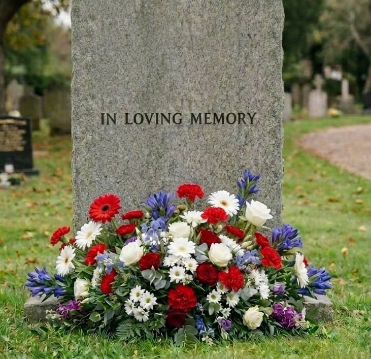Red, White And Blue Grave Spray - Memorial Day - Designer's Choice, Red, White And Blue Mixed Grave Spray to sit on the ground in front of your loved ones space. If you would like flags, please note this in delivery instructions.  PLEASE PROVIDE Space &amp; Lot numbers if available to avoid delays in placement of your flowers. All Memorial Day flowers will be delivered FRIDAY, 5/22 so that your flowers will be present the entirety of the holiday weekend.