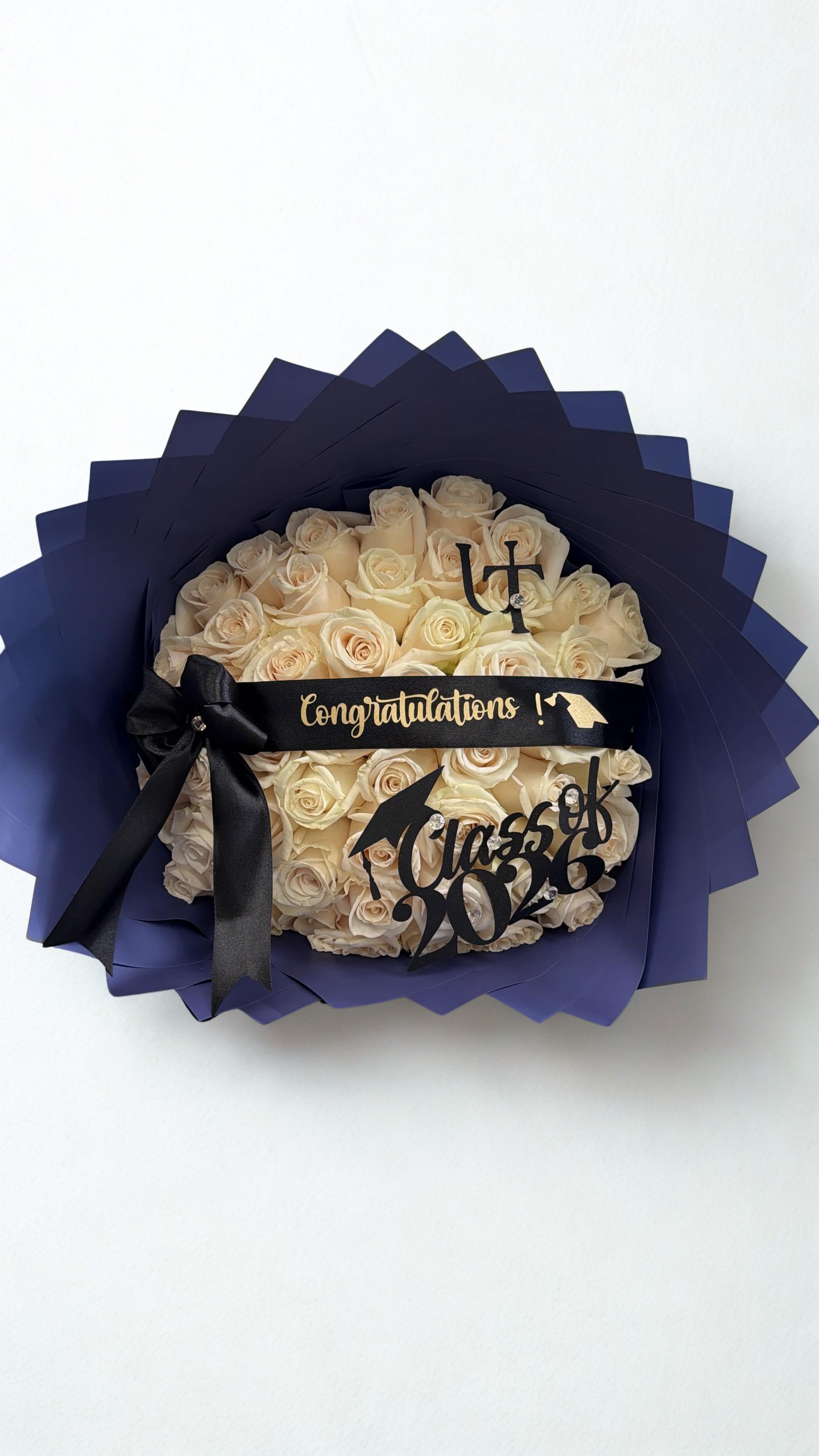 graduation white roses &amp; Blue Paper  - white roses and ribbon 