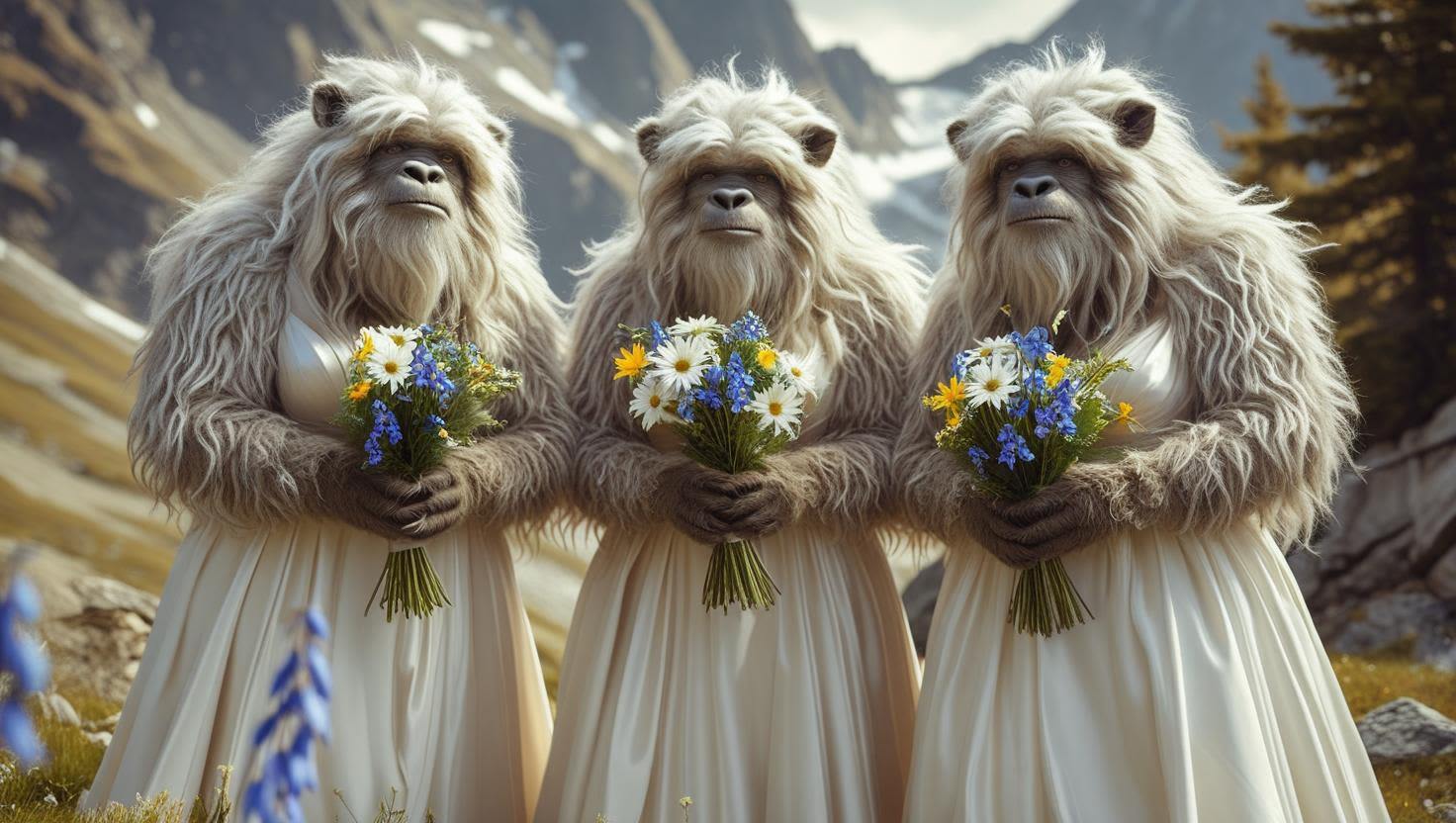Three furry creatures in white dresses hold small wildflower bouquets.