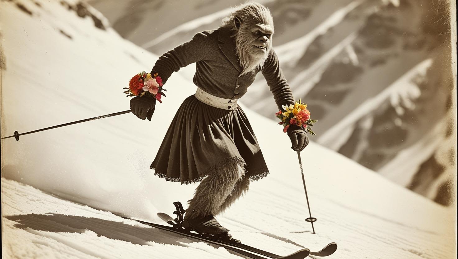 A skier in a costume with flower wrist corsages on snowy slopes