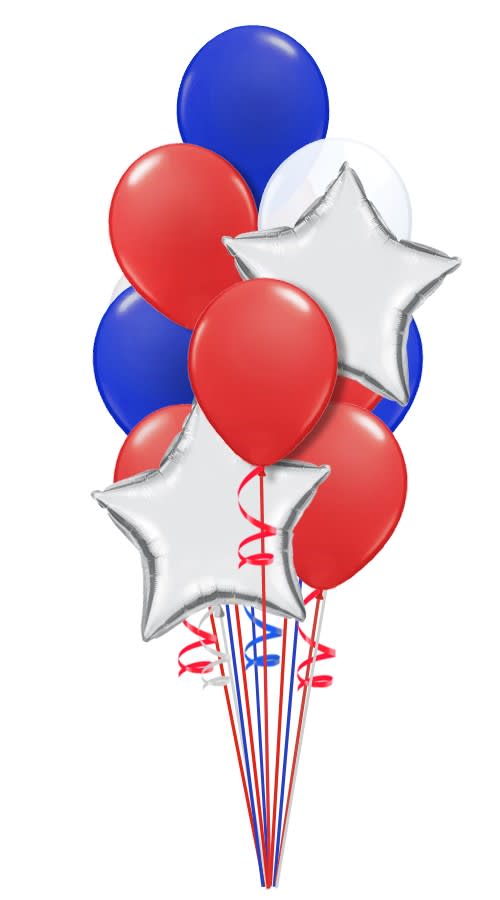 Patriotic Balloon Bouquet - Special balloon bouquet Consisting of 11 balloons ( 2- Silver stars, 5- Red latex, 3-Blue latex, 1-White Latex) all tied to a festive weight. 