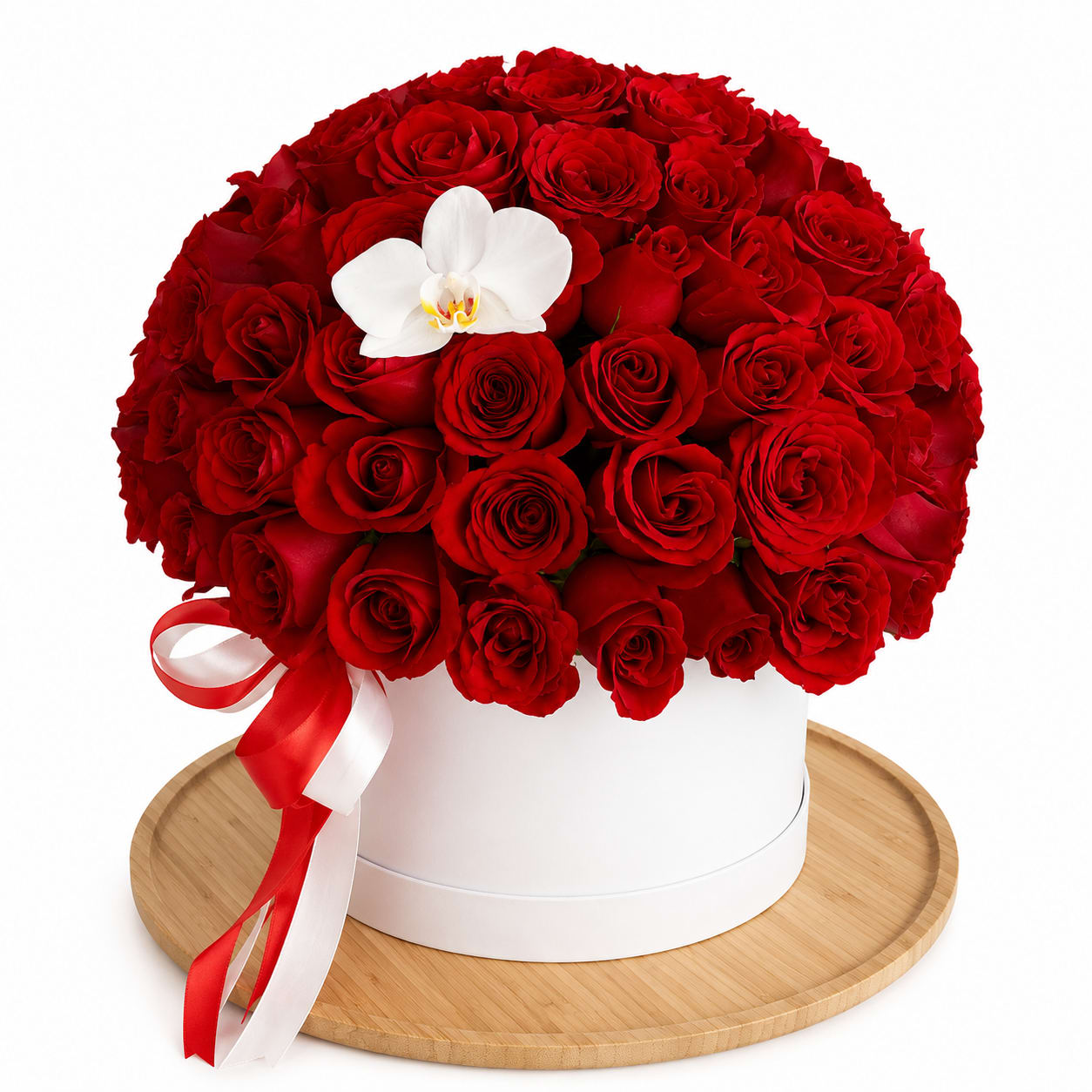 Eternal Love Rose Box - A luxurious arrangement of premium red roses beautifully designed in an elegant keepsake box and accented with a delicate white orchid and satin ribbons. This timeless design symbolizes deep love, romance, passion, and sophistication — perfect for anniversaries, birthdays, proposals, Valentine’s Day, or unforgettable romantic moments.