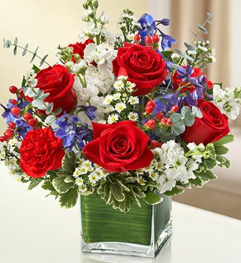 America the Free Bouquet - A nice arrangement of all red, white &amp; blue flowers. Perfect for a gift or to dress up your barbeque table.