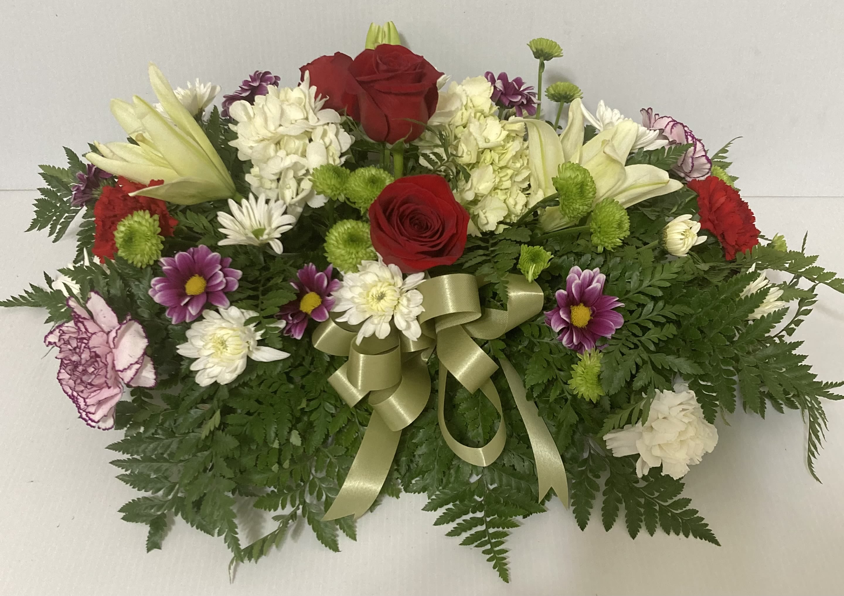 Memorial loved - Beautiful memorial flat with roses carnations daisies greens excellent for any memorial occasion