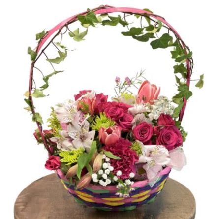 Colorful Basket -  Pet Friendly? No - This arrangement includes tulips and alstroemeria, which can be irritating or toxic to cats and dogs.  Keep stems out of reach of curious pets and consider a pet-safe alternative if this is a concern.   Human Allergy Note : No major allergy-triggering flowers noted. Still, some people sensitive to pollen may notice a light presence — keep in cooler, ventilated spaces.   Care &amp; Longevity : Keep the floral foam moist by watering gently at the base every 1–2 days. Avoid direct sun and heat. Trim any wilting stems and remove spent blossoms to help the rest stay fresh longer.   Best Occasions &amp; Situations : - Birthday surprise - Congratulations - Just because - Thank you gift - Get well wishes - Thinking of you - Housewarming cheer - Welcoming a new baby   Why Customers Love It : - Vibrant, uplifting color palette that fits many occasions. - Portable basket with handle — easy to move from room to room. - Garden-fresh look without being overly formal. - Hand-arranged with attention to detail and quality blooms.