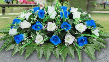 Blue/White Silk Rose Memorial Saddle - Blue/White silk rose memorial saddle is beautiful tribute for your loved one