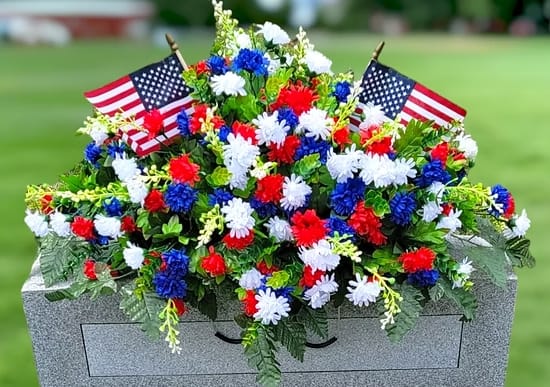 Silk Memorial Headstone Saddle - Memorial headstone saddle is a perfect combination of red, blue, and white with American Flags to honor your loved one. 