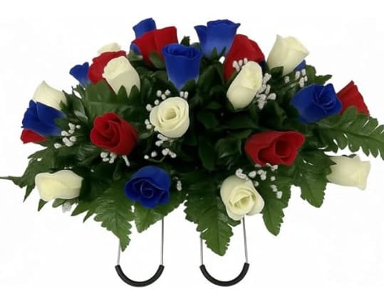 Small Silk Rose Memorial Saddle - Small red, white, and blue silk rose headstone saddle is a perfect compliment to add to our memorial cone arangements.