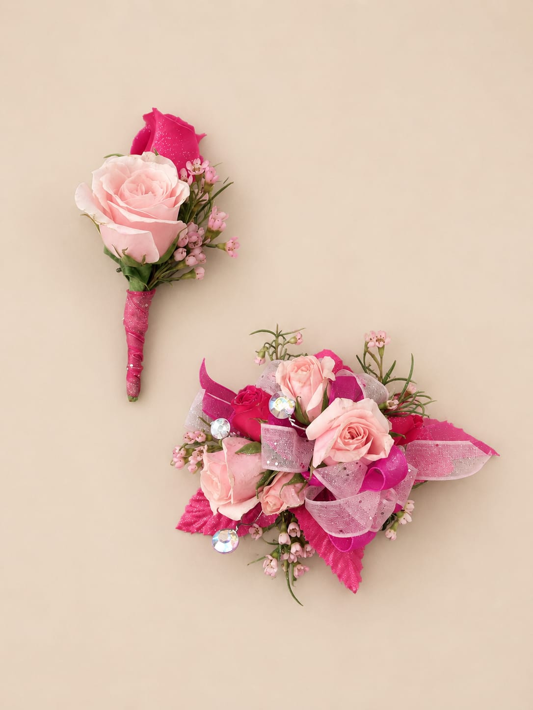 Prom set Princess Bloom - Soft blush and bright pink roses mingle with delicate white and purple accents to create a romantic boutonniere and matching hand-tied bouquet or wrist corsage-perfect for a wedding or prom accessory set. The coordinated pieces are designed to make the person you're celebrating feel cherished and polished: pale blush roses layered with tiny pink filler blooms, sheer ribbon, and sparkly rhinestone touches create a look that reads both playful and formal. 