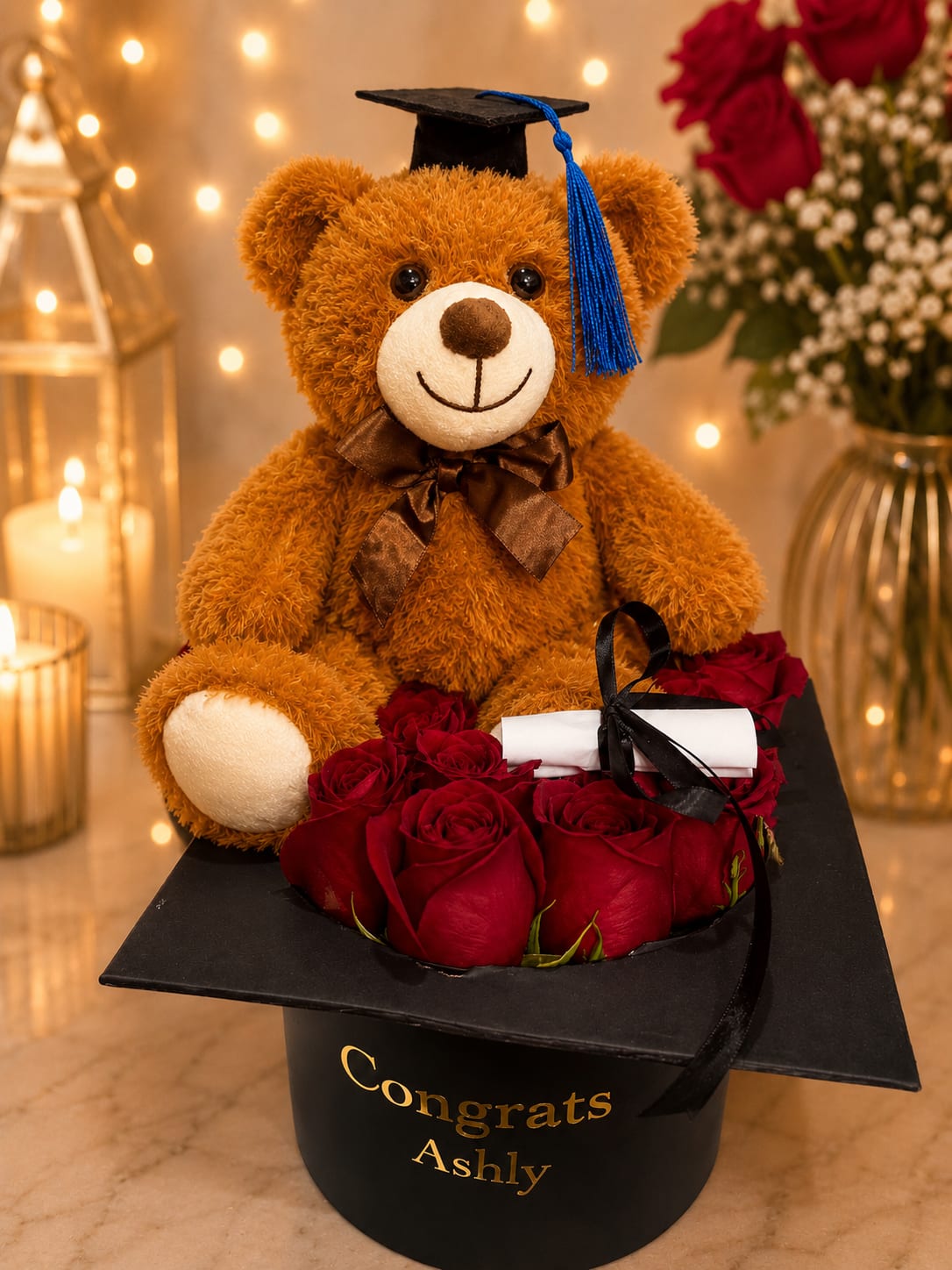 Graduation Teddy Rose box - Hermosa  caja de graduación con rosas rojas premium y tierno osito de peluche usando birrete de graduacion. Diseñada en elegante base negra estilo graduación con detalle personalisado y diploma decorativo. Un regalo perfecto para celebrar este gran logro .