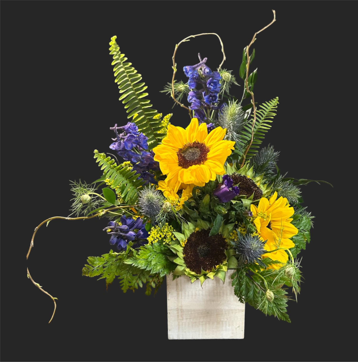 A Bundle of Sunshine  - Bright sunflowers steal the show in this cheerful arrangement, making it an ideal birthday bouquet, summer display, or thank-you gift that will make the person you're thinking of feel genuinely celebrated. The tall, asymmetrical design mixes vivid purple delphinium-like spikes with bright yellow sunflower faces and airy blue thistle accents for a showy burst of color that reads joyful and energetic.  Layered fern foliage and looping curly willow give the composition a loose, garden-style movement while the clean white rectangular vase keeps the look modern and fresh. The piece reads taller than a typical centerpiece-perfect for entryways, mantel displays, or a bedside pick-me-up-and no special care beyond fresh water and a cool spot will help the blooms stay vibrant for several days.