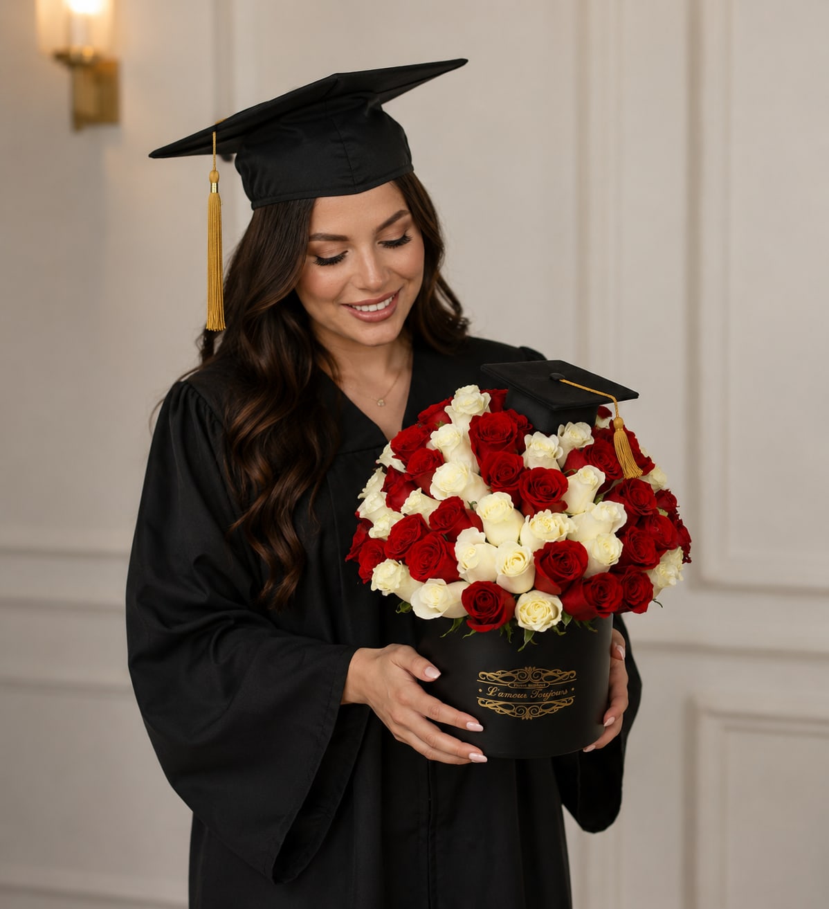 50 roses for Grad signature box - A dense dome of fifty red and white roses arranged in a sleek black hatbox makes an unforgettable graduation bouquet for a graduate or recent grad. The small graduation cap perched on top and the box's gold lettering and trim send an unmistakable celebratory message-perfect for marking graduation day, a commencement party, or a milestone achievement with a touch of romance or formality.  The arrangement alternates rich crimson and crisp white roses to create high-contrast visual drama against the matte black container, giving the gift a polished, photo-ready look. The compact hatbox keeps the roses tightly arranged for full, lush coverage; the gold accents add an elegant finish that complements gowns and party décor.  Give the person you're celebrating a gift that reads proud and classic-whether for a daughter, son, partner, or close friend stepping into the next chapter. Sized to display on a table or mantle, these roses arrive ready to impress; simple water and fresh-cut stem care will keep the blooms looking their best through the week.