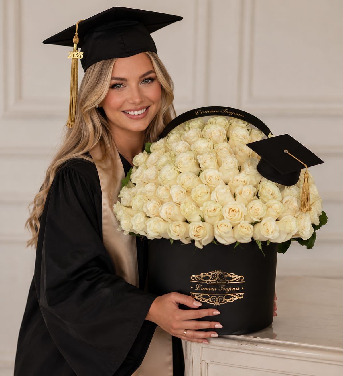 75 White Roses for Grad - Cream-white roses arranged in a dense, luxurious dome create a timeless graduation bouquet that reads as both elegant and celebratory - perfect as a graduation gift or congratulations arrangement. The black round hat box and matte finish set a formal tone while the miniature black graduation cap with a gold tassel and matching cap accent make the occasion unmistakable: this is a keepsake that honors achievement and marks a milestone.  Seventy-five cream-white roses are tightly packed to form a plush, textured dome that contrasts beautifully with the sleek black container. The arrangement's palette of white, black, and touches of gold (from the tassel) keeps the look refined and photo-ready. The hat box presentation makes this piece easy to display on a table, desk, or mantle and gives it the feel of a standing trophy rather than a temporary bouquet.  Give this to the new graduate who deserves to feel seen and celebrated - whether for commencement, a promotion, or academic honors - and it will convey pride and admiration at first glance. The arrangement arrives ready to display in its round hat box; to keep the roses fresh, place the box in a cool spot away from direct sunlight and follow any included care instructions for occasional misting or water replenishment.