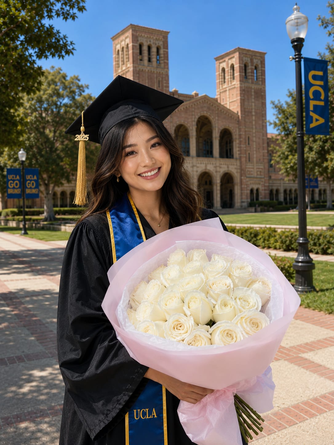 25 White roses for Grad - A lush, hand-tied graduation bouquet of cream-white roses wrapped in soft pink paper-made to celebrate commencement and milestone moments. This graduation bouquet reads as both elegant and joyful: the tightly packed, rounded blooms create a full, polished silhouette that looks beautiful in cap and gown photos and makes the recipient feel truly honored.  Each rose is arranged for a classic, romantic look with pale cream and blush tones that pair well with academic black or navy regalia. Presented in our formal bouquet wrapping with a coordinating sash-style finish, the design emphasizes texture and volume while keeping the focus on the flowers. Ideal for congratulating a graduate, marking a promotion, or recognizing any significant achievement, this arrangement arrives ready to carry or display. Follow basic flower care-fresh water and a cool spot-to extend the life of the roses after the celebration.