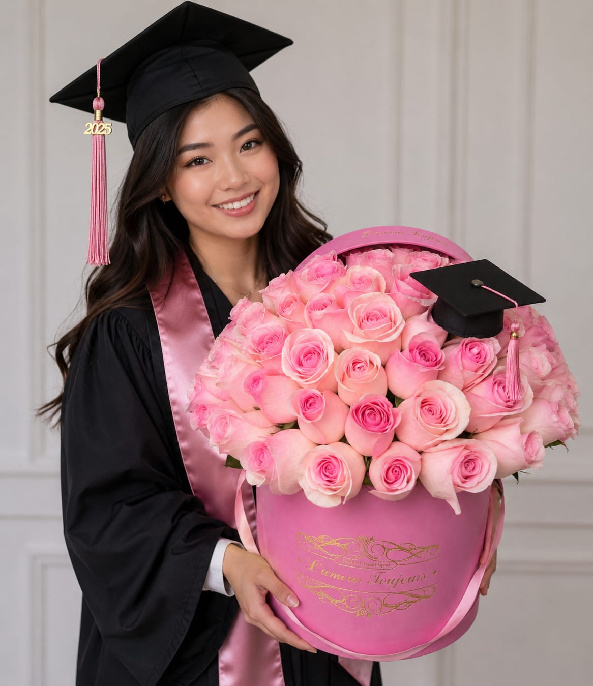 50 Pink roses for Grad - A lush dome of fifty pink roses  sits snugly in a pink hatbox, creating an elegant graduation bouquet that reads as both romantic and celebratory. This graduation flower arrangement makes the perfect congratulations gift for a graduate - the soft pink palette feels feminine and joyful, while added graduation caps and tassels make the achievement unmistakable.  Each rose is tightly arranged for a full, rounded silhouette topped with a decorative cap topper and graduation tassel for a polished presentation. The arrangement pairs the pink blooms - a pink hatbox finished with pink ribbon - so it arrives ready to display and photograph. Ideal for high school or college grads, it's the kind of gift that makes the recipient feel celebrated and seen; order in time for commencement and follow simple care: keep roses in a cool spot away from direct sun and refresh water if provided.
