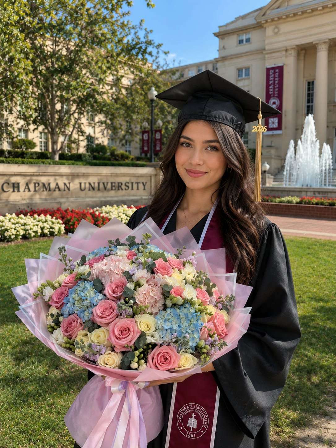 Summer Graduation bouquet  - Soft pastel blooms arranged for a proud moment: this large hand-tied graduation bouquet pairs pink and pale cream roses with blush and blue hydrangea clusters to create a cheerful, feminine gift for a graduate. Perfect for a graduation gift or congratulatory occasion, the pastel palette and formal presentation make the recipient feel celebrated and seen as they step into a new chapter.  The bouquet features roses and hydrangeas in pink, white (pale cream), blue and purple tones, finished in soft lavender and pink translucent wrapping paper and tied with a satin ribbon for a polished look. A graduation cap, gown and medallion stole are included in the styling to underscore the milestone, and the arrangement's generous size makes it ideal for campus photos and processionals.  Give this to a daughter, friend, classmate or mentor to mark commencement, an academic achievement, or a celebratory send-off-she'll feel honored and joyful holding it. For best presentation, keep stems in water until gifting; our hand-tied style arrives ready to display and photograph at the ceremony.
