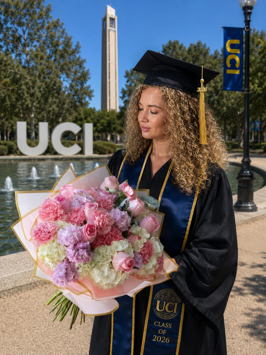 Graduation Bouquet - A lush, rounded graduation bouquet that reads like a celebratory embrace - soft pink roses and ruffled carnations mingle with pale white and lavender hydrangea clusters to create a romantic, pastel statement for graduation ceremonies. Perfect as a graduation bouquet or congratulatory gift, the arrangement pairs classic florals and festive colors with a ceremonial touch that will make the graduate feel honored and celebrated.  This large hand-held arrangement is full and rounded for easy carrying, wrapped in translucent white paper with gold edging and finished in a presentation-style wrap tied to hold its shape. The mix of pink, white, purple, and fresh greenery gives depth and texture: velvety roses, cushiony carnations, and voluminous hydrangeas together create a soft, photogenic silhouette that complements cap and gown photos. A small graduation cap and gown hard-good accent are included to mark the occasion.  Give this to the new grad to express pride and joy - it's the kind of bouquet that makes them feel truly seen on their big day. Sized for presentation and ready to hold, it arrives prepared to carry straight into the ceremony or to display on a celebration table; gentle misting and keeping it cool will help the blooms stay fresh through photos and festivities.