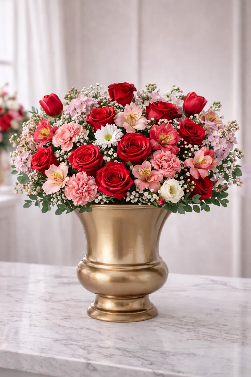 Amour Garden - Elegant Garden Romance Arrangement A beautiful blend of romance and sophistication, this lush arrangement features rich red roses accented with soft pink seasonal blooms and delicate filler flowers, artfully arranged in an elegant gold keepsake vase. The warm red tones express love and passion, while the soft blush accents add sweetness and charm — creating a perfectly balanced design that feels both luxurious and heartfelt. Ideal for anniversaries, romantic gestures, celebrations, or simply making someone feel special. • Premium red roses • Soft seasonal accent flowers • Fresh greenery for a natural finish • Elegant gold keepsake vase • Designed full and balanced for a luxurious look ⸻  Freshness &amp; Substitution Policy We use the freshest flowers available daily. If certain flowers are unavailable, we may substitute similar blooms while maintaining the same color palette, fullness, and overall value — your arrangement will always look beautiful and elegant.