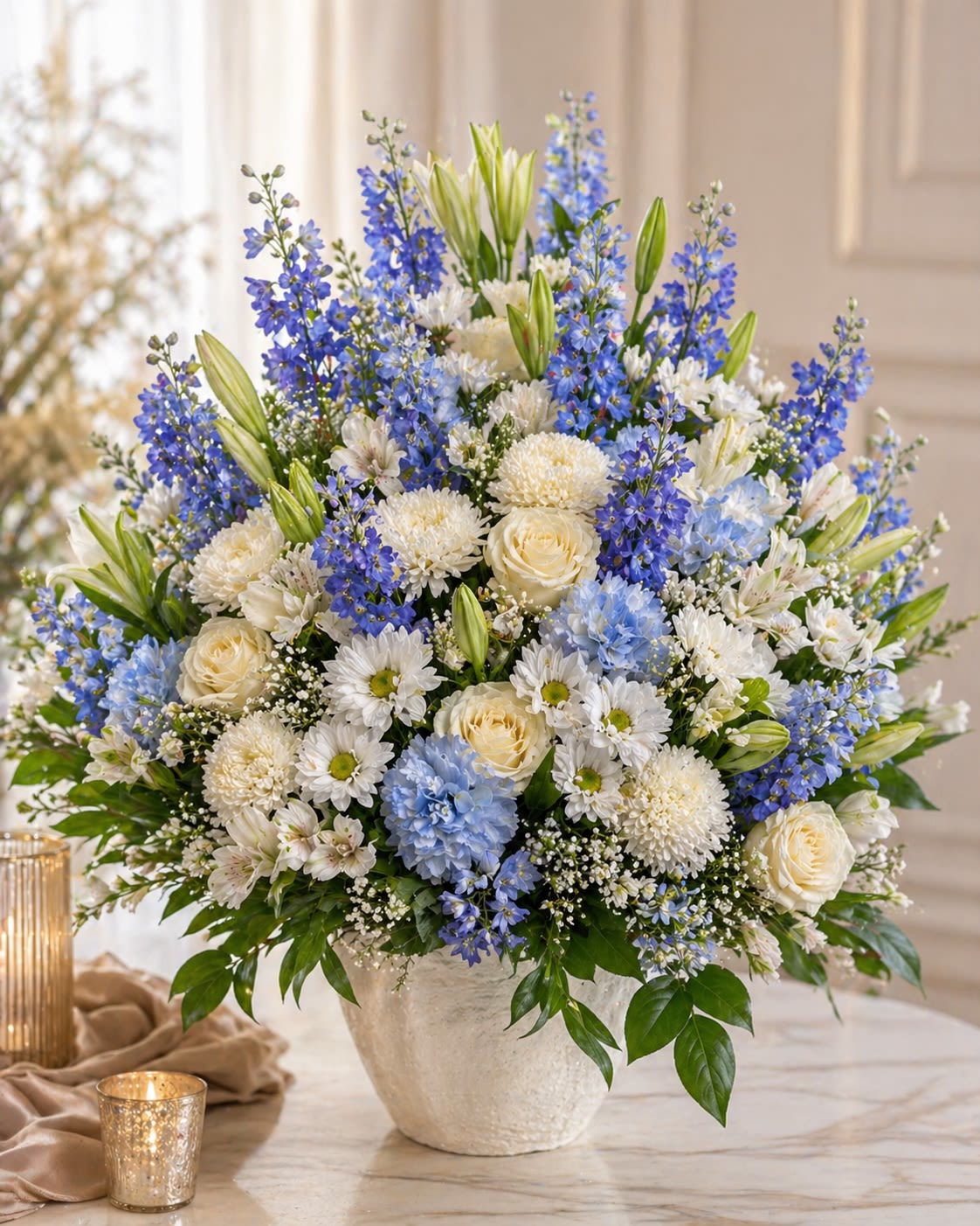 Azure Elegance - A refined and luxurious floral arrangement designed to impress with elegance and serenity. Azure Elegance features a stunning blend of premium white roses, lilies, daisies, and cushion pom-pom chrysanthemums, beautifully accented with vibrant blue delphinium. Designed in a lush, full garden style, this arrangement combines soft ivory tones with fresh blue hues, creating a sophisticated and calming look. Perfect for sympathy, special occasions, or as an upscale statement piece for any space. Each arrangement is handcrafted with care. Flower varieties may vary slightly based on availability while maintaining the same elegant color palette and fullness.