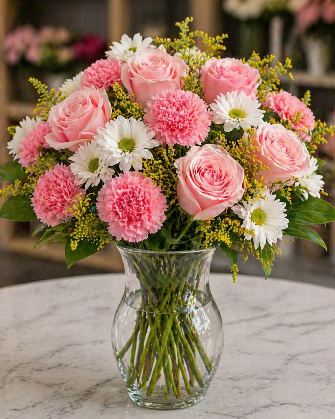 Belle Rosette - Sweet, charming, and effortlessly graceful, Belle Rosette is a soft garden-inspired arrangement featuring blush pink roses, delicate pink carnations, cheerful white daisies, and airy golden solidago arranged in a classic clear glass vase. Its romantic pastel palette and fresh meadow-like texture create a joyful floral design that feels warm, feminine, and timelessly elegant.