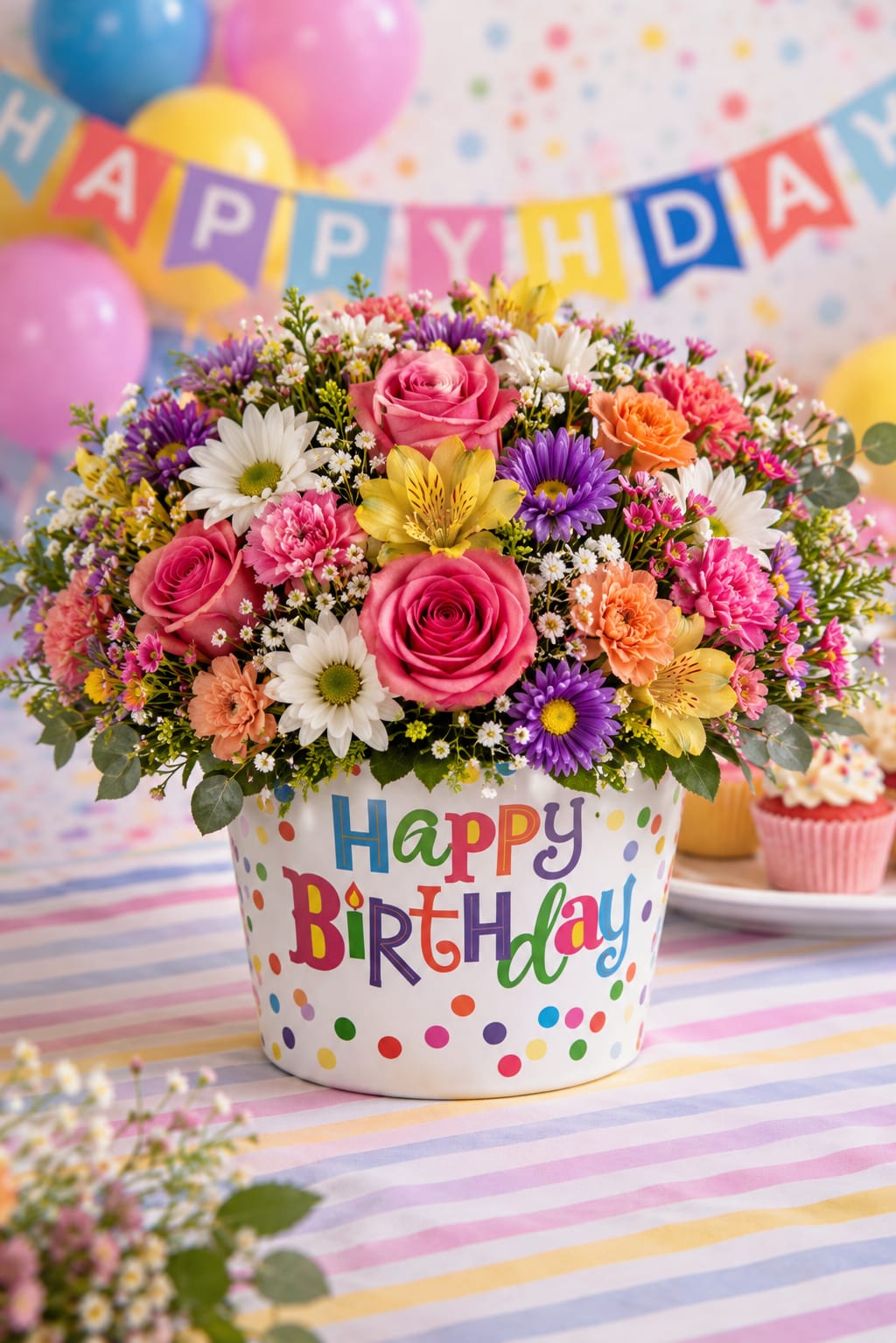 Birthday Burst Celebration Bouquet - Make their special day unforgettable with this vibrant birthday arrangement! Designed in a festive “Happy Birthday” container, this bouquet features a cheerful mix of bright roses, colorful daisies, carnations, and playful accent blooms. Bursting with bold, joyful colors, it’s the perfect gift to celebrate birthdays for kids or anyone who loves fun, lively flowers. Flower colors and varieties may vary slightly based on availability, while maintaining the same festive look.