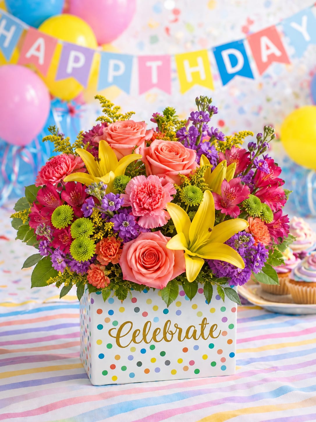 Birthday Party Bloom Box - Celebrate in style with this fun and colorful birthday floral arrangement! Designed in a festive “Celebrate” keepsake container, this piece features vibrant roses, bright daisies, sunflowers, and playful mixed blooms in cheerful colors. Perfect for birthdays of all ages, this arrangement brings a joyful party vibe and makes a memorable gift that instantly brightens the day. Flower colors and varieties may vary slightly based on availability while maintaining the same festive look.