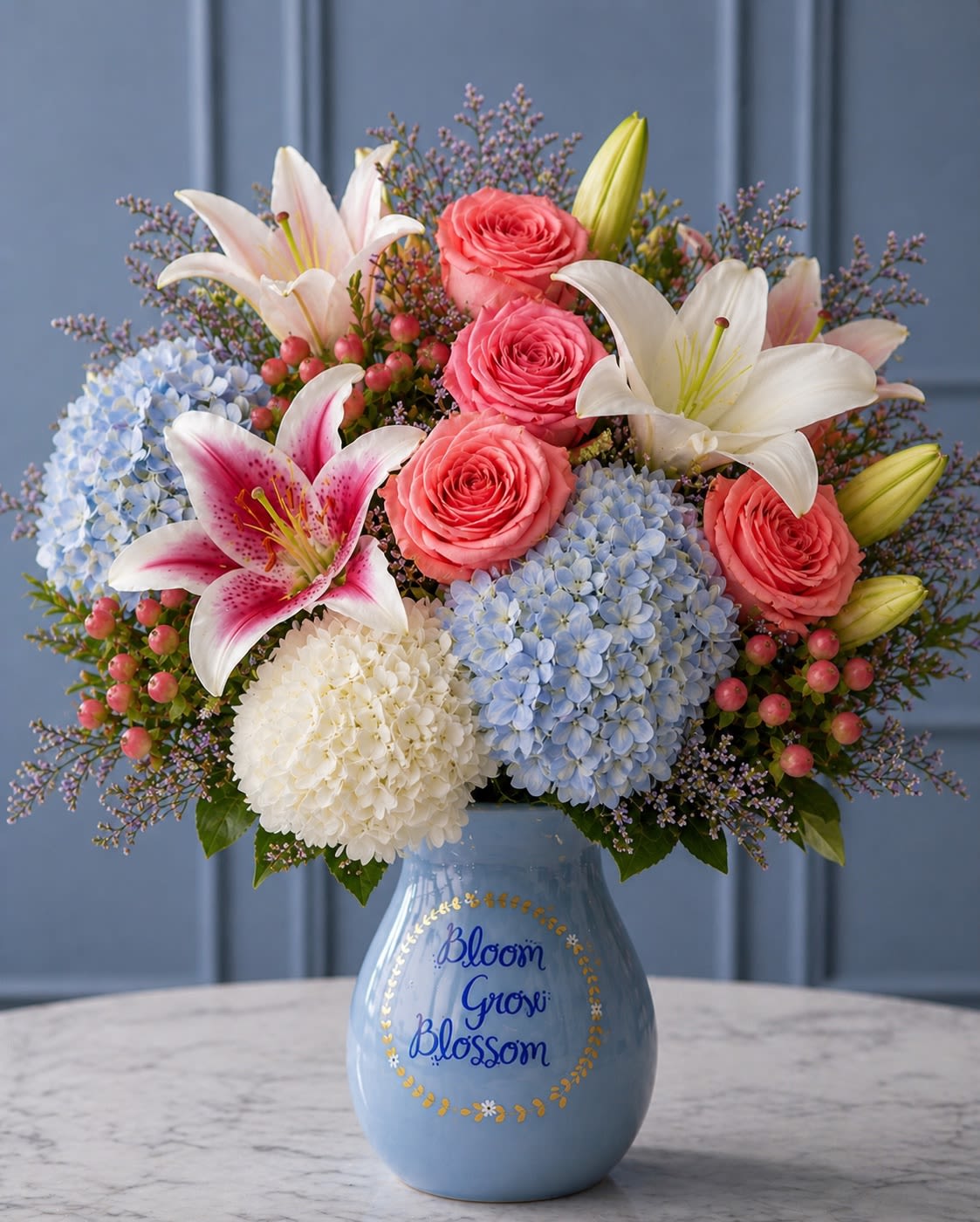 Bleu Romance - A breathtaking luxury arrangement featuring blush pink roses, elegant white and stargazer lilies, soft blue hydrangeas, white hydrangea, delicate limonium, and seasonal pink hypericum berries beautifully designed in a charming blue keepsake vase. Bleu Romance combines soft romantic tones with airy garden elegance. The dreamy palette of pastel blue, blush pink, and creamy white creates a luxurious floral design that feels graceful, serene, and timelessly beautiful.