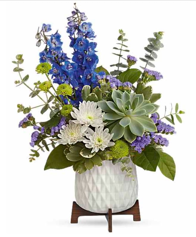 Mod Magnifique  - Tall blue delphinium spikes rise above a soft cloud of white daisies and roses in this fresh spring arrangement-perfect as a birthday bouquet, a thank-you gift, or to celebrate a seasonal moment. The mix of cool blue, white, lavender and green reads serene and modern garden-fresh; the recipient will feel noticed and calmed by its airy vertical lines and gentle color story.  Carefully layered for both height and fullness, the design pairs delphinium and purple filler blooms with rounded chrysanthemums and a large pale-green succulent rosette at the center, all arranged in a textured white ceramic vase set on a small wooden stand. The contrast between tall, airy stems and broad leaves near the base creates a balanced, sculptural silhouette that works well as everyday decor or a thoughtful gift.  Sized to make an elegant statement without overwhelming tabletops, this polished arrangement requires simple care: trim stems and refresh water every few days to extend bloom life. It's an understated, modern choice for the person you want to make feel seen-fresh, uplifting, and distinctly memorable.