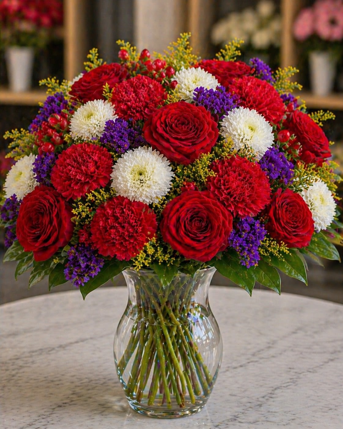 Bordeaux Bloom - An opulent floral arrangement featuring luxurious red roses, rich crimson carnations, crisp white button mums, vibrant purple statice, golden solidago, and seasonal red berries arranged beautifully in a classic clear glass vase. Bordeaux Bloom captures the essence of deep romance and refined European luxury. Inspired by the rich tones of Bordeaux wine, this arrangement blends velvety reds, royal purples, and elegant whites into a dramatic and sophisticated floral statement.