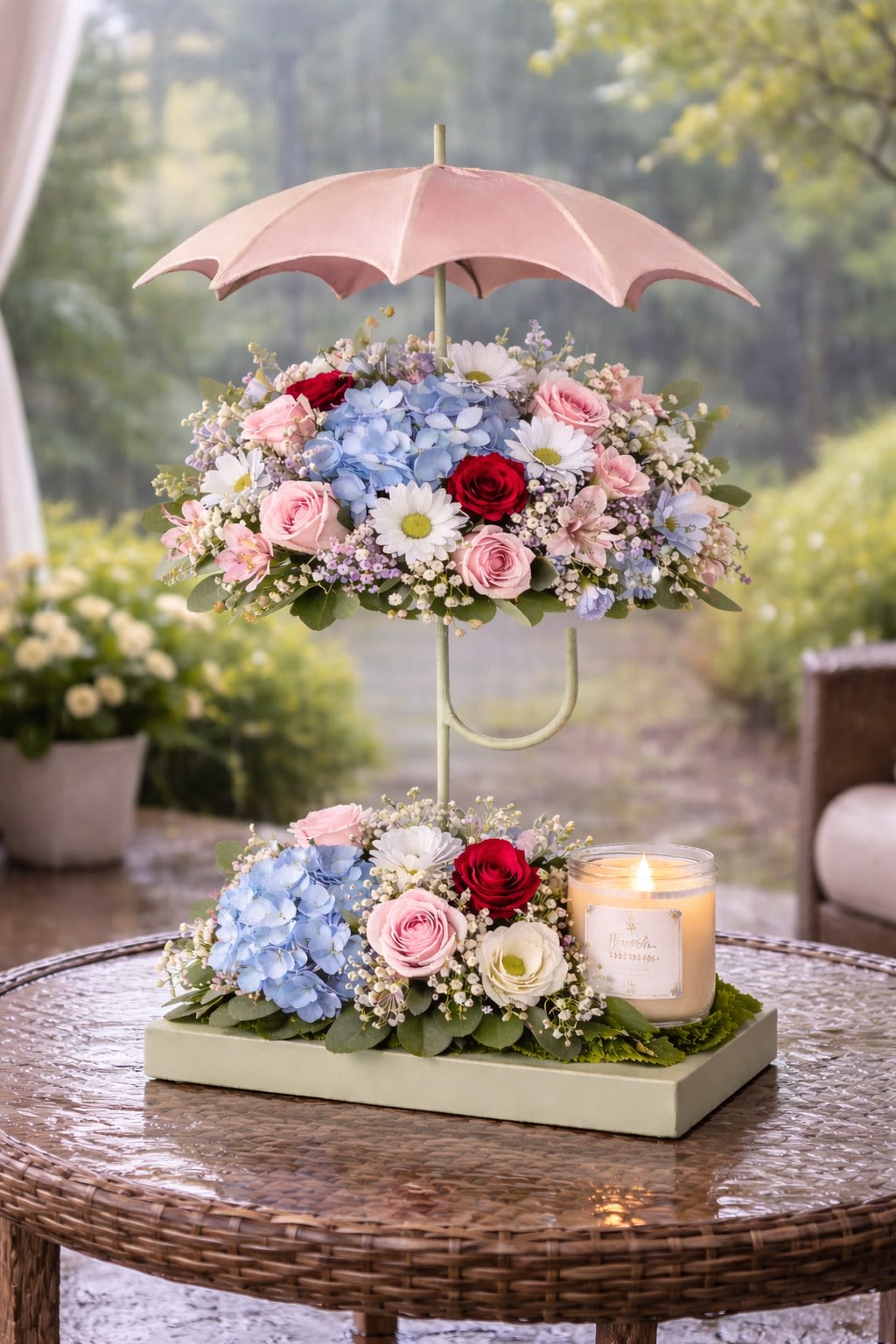 Flower arrangement under a pink umbrella with a candle on a tray