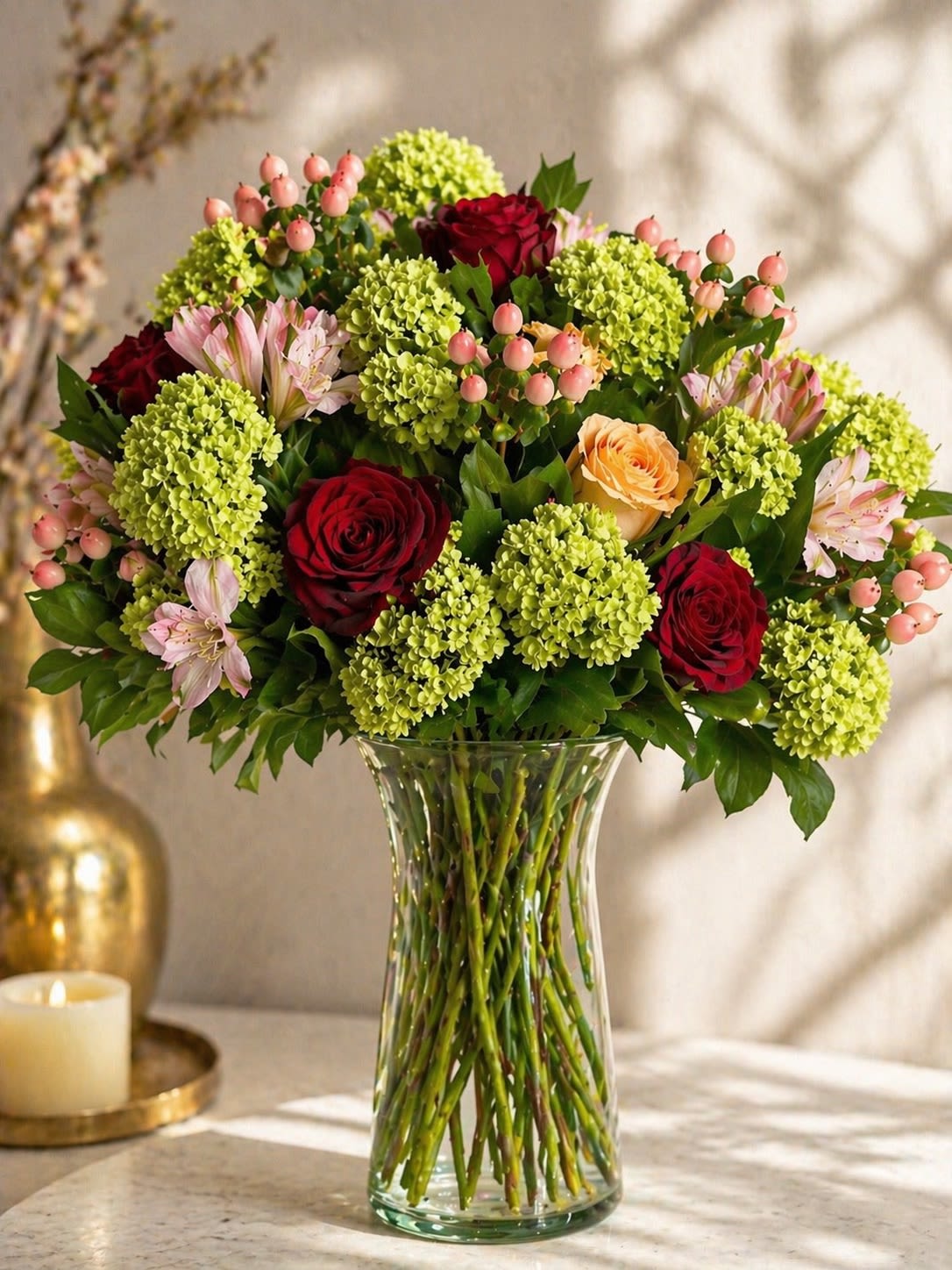 Emerald Kiss - A lush and romantic arrangement featuring vibrant green hydrangea, premium red and peach roses, soft alstroemeria, and delicate pink hypericum berries, beautifully styled in a clear glass vase. Emerald Kiss blends rich, velvety tones with fresh garden greens, creating an elegant and modern design that feels both luxurious and natural. Perfect for gifting, celebrations, or adding a refined touch to any space. Substitution Policy: Flower varieties and shades may vary based on seasonal availability, but the overall look, color palette, and fullness will always be maintained. Vase may be substituted with a similar style if necessary.