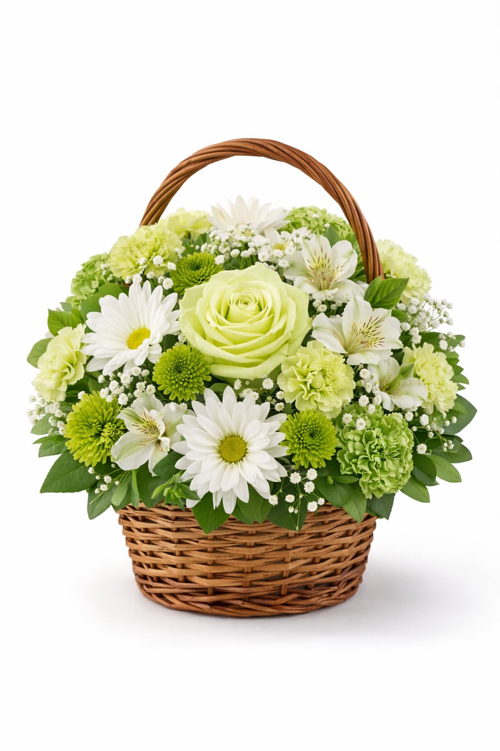 Emerald Serenity Basket - A fresh and uplifting arrangement designed in a classic woven basket, featuring soft green roses, crisp white daisies, delicate alstroemeria, and lush green carnations accented with airy filler blooms and vibrant foliage. The harmonious blend of green and white tones creates a clean, calming look that feels both elegant and naturally refreshing — perfect for celebrations, thank-you gifts, or thoughtful gestures. Substitution Policy: Flower varieties may vary depending on seasonal availability, but the green and white color palette and overall fullness of the design will always remain consistent. Basket style may vary slightly, while always complementing the arrangement’s fresh and elegant aesthetic.*