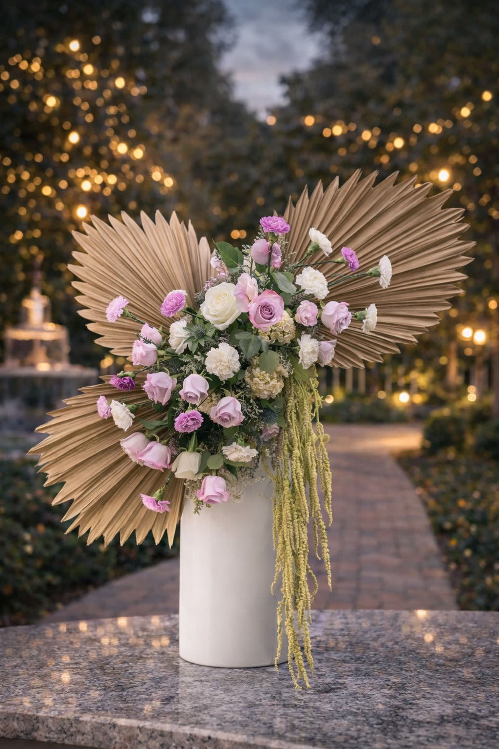 Ethereal Boho Statement - A dramatic and modern designer arrangement featuring premium blush and ivory roses, delicate seasonal blooms, cascading amaranthus, and sculptural dried palm accents arranged in a sleek white ceramic vase. Designed with asymmetry and movement, this piece blends soft romantic tones with bold neutral textures for a striking contemporary presentation. The oversized palm fans create architectural depth, while the cascading florals add elegance and flow. Perfect for bridal showers, weddings, upscale celebrations, luxury events, milestone birthdays, or modern home décor. •Seasonal &amp; Freshness Guarantee We carefully select the freshest blooms and highest-quality decorative elements available. Because flowers and specialty dried accents are seasonal, certain blooms or decorative elements may occasionally vary. If substitutions are necessary, we will: • Maintain the same soft blush and ivory palette • Preserve the same dramatic asymmetrical structure • Keep the same overall size and premium value • Use flowers and accents of equal or greater quality Your arrangement will always reflect the same artistic and luxurious aesthetic shown — never a simplified version. Each piece is designed to maintain movement, structure, and upscale impact.