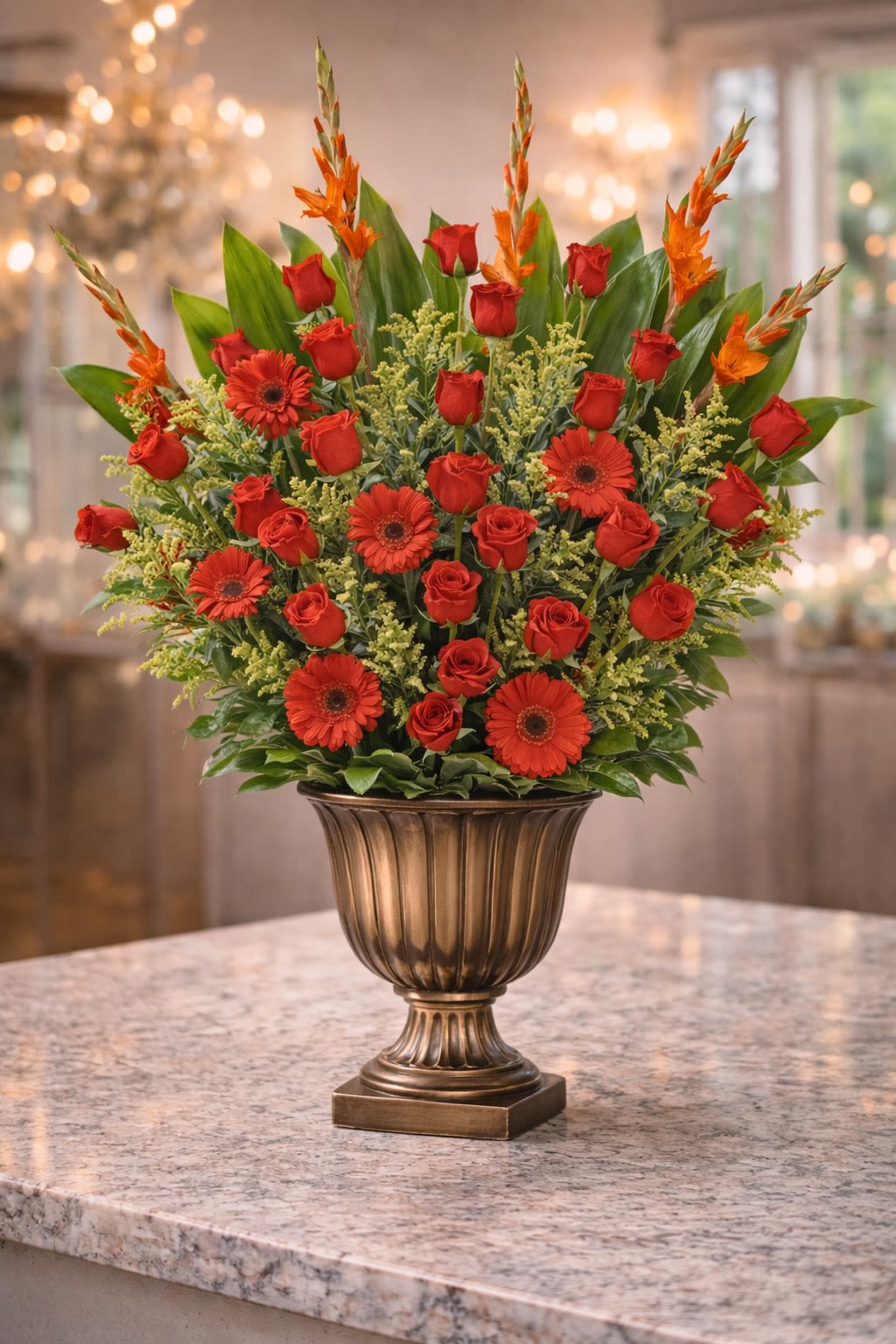 Fiesta Royale - A vibrant and dramatic arrangement featuring premium red roses, bold red gerbera daisies, striking orange gladiolus accents, and lush greenery arranged in an elegant bronze pedestal vase. Designed in a full fan-style silhouette, this piece blends rich crimson tones with fiery orange accents for a powerful and celebratory presentation. The layered florals create depth, texture, and movement while maintaining a structured, upscale design. Perfect for grand openings, milestone celebrations, promotions, graduations, corporate events, or making a strong statement. • Premium red roses • Red gerbera daisies • Orange gladiolus accents • Lush greenery • Bronze pedestal vase included • Large fan-style design Handcrafted for fullness, symmetry, and visual impact. ⸻  Seasonal &amp; Freshness Guarantee We carefully select the freshest blooms available to ensure vibrancy and longevity. Because flowers are seasonal and availability may vary, certain accent blooms or greenery may occasionally be substituted. If substitutions are necessary, we will: • Maintain the same red and orange color palette • Preserve the same bold fan-style structure • Keep the same overall size and premium value • Use flowers of equal or greater quality. Your arrangement will always reflect the same dramatic and celebratory aesthetic shown — never a simplified version. Each piece is designed to maintain balance, height, and fullness.