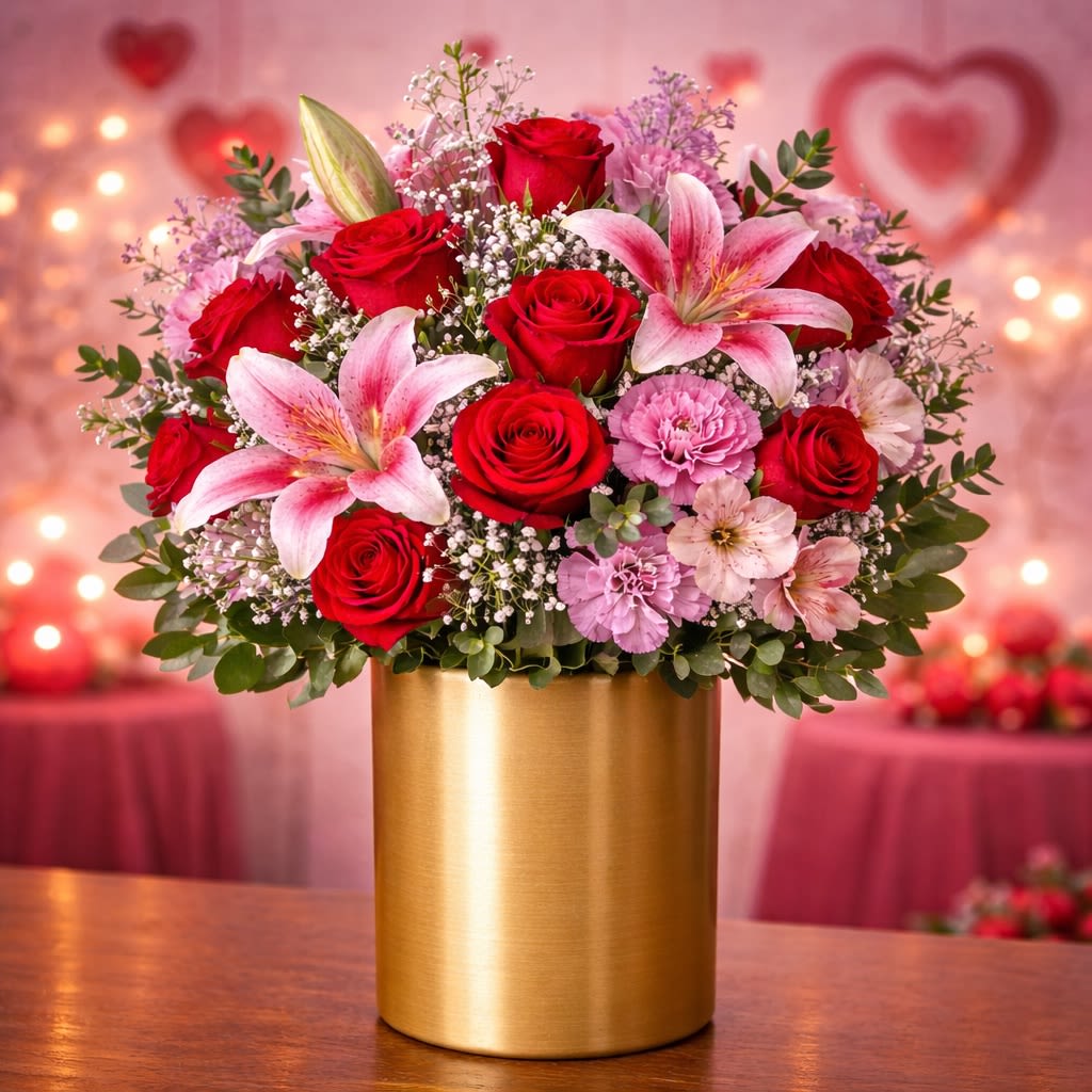 Golden Heart Romance - A stunning blend of elegance and romance, this lush arrangement features rich red roses paired with soft pink lilies and delicate seasonal blooms, beautifully arranged in a modern gold cylinder vase. The warm red tones symbolize deep love while the gentle blush accents add softness and charm — creating a balanced design that feels both luxurious and heartfelt. Perfect for anniversaries, Valentine’s Day, romantic gestures, or celebrating someone truly special. • Premium red roses • Fragrant pink lilies • Soft seasonal accent flowers • Modern gold keepsake vase • Designed full and lush for maximum impact ⸻  Freshness &amp; Substitution Policy We use the freshest flowers available daily. If certain blooms are unavailable, we may substitute with similar flowers while maintaining the same color palette, fullness, and overall value — ensuring your arrangement always looks elegant and beautiful.