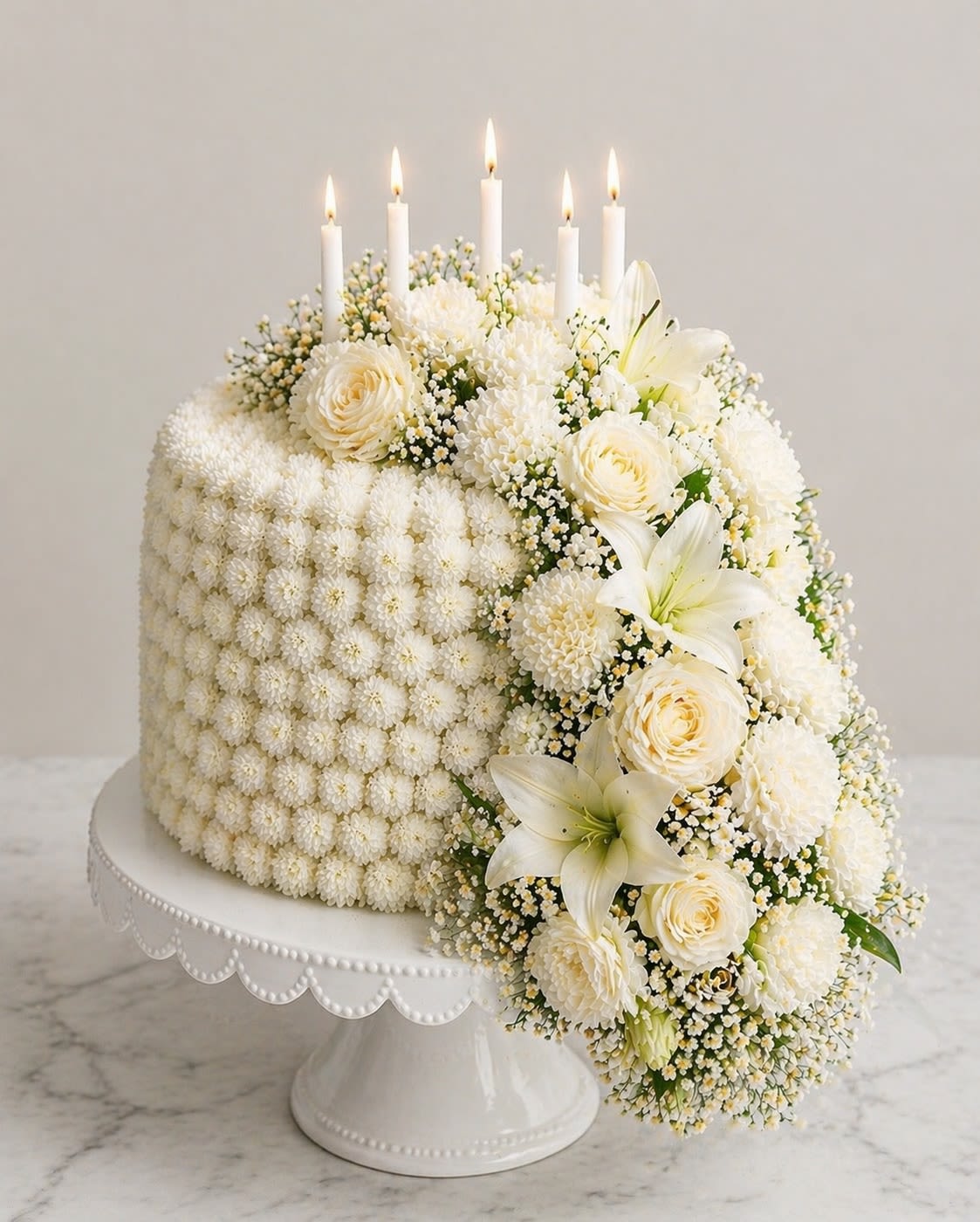 Heavenly Cake - A breathtaking all-white floral cake designed to embody elegance and softness. Heavenly Ivory Cake is fully covered in premium white cushion pom-pom chrysanthemums, creating a plush, cloud-like texture all around. The top is beautifully arranged with white roses, lilies, carnations, and delicate baby’s breath, flowing into a graceful cascading design down one side. Finished with classic white candles, this cake brings a romantic, luxurious feel to any celebration. Perfect for birthdays, anniversaries, weddings, or any upscale event. Each piece is handcrafted, with slight flower substitutions possible based on seasonal availability while maintaining the same refined look.