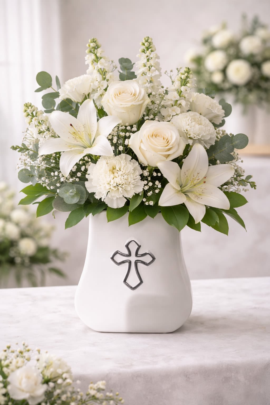 Heavenly Grace - A peaceful and elegant tribute designed to express love, comfort, and remembrance. This sympathy arrangement features soft white roses, delicate lilies, carnations, and gentle accents of baby’s breath and eucalyptus, beautifully arranged in a ceramic keepsake vase with a cross detail. Its serene all-white palette symbolizes purity, peace, and everlasting love, making it a thoughtful gesture for funerals, memorials, or to send heartfelt condolences. Each arrangement is handcrafted with care, and flower varieties may be slightly substituted based on seasonal availability while maintaining the overall look and feel.
