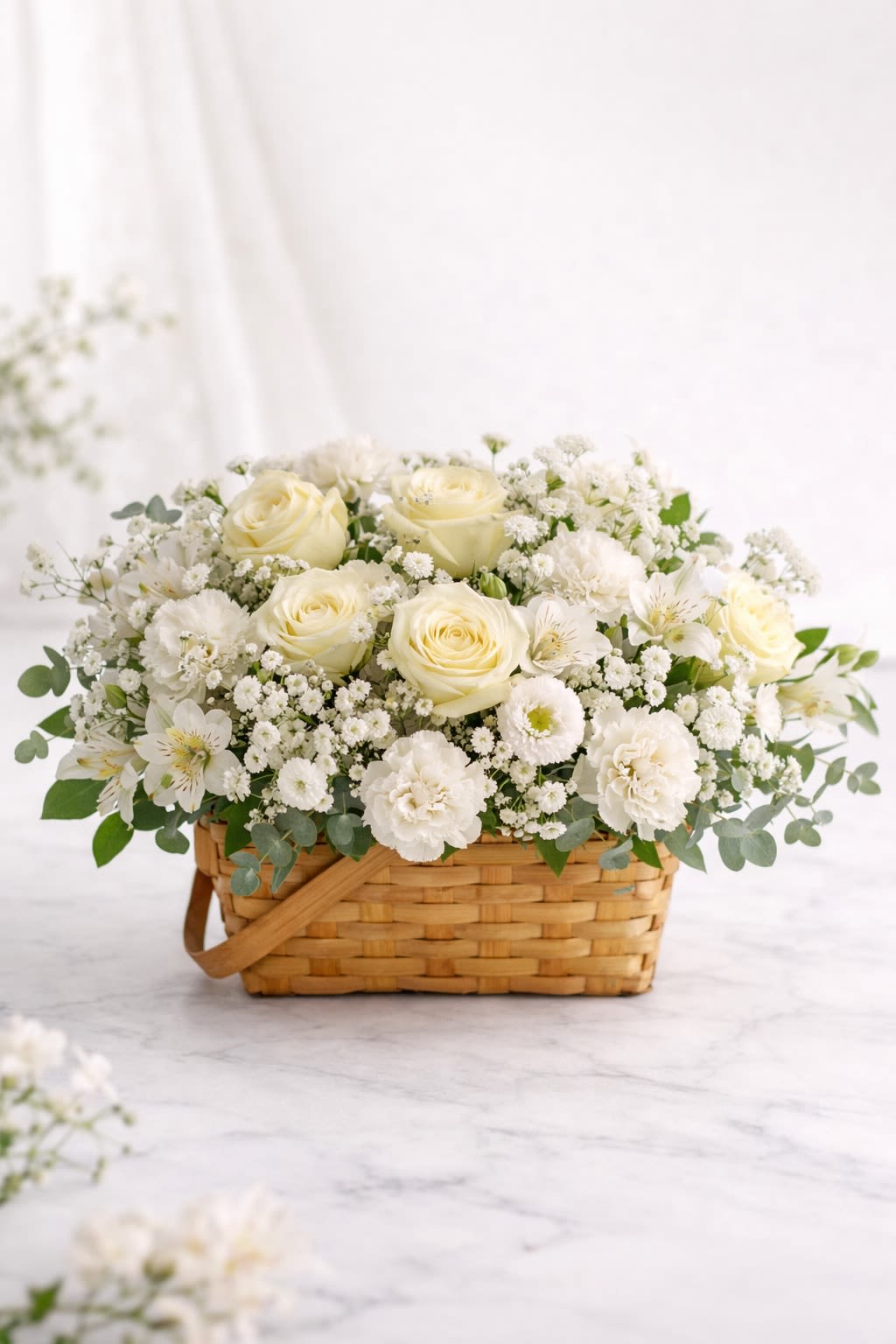 Ivory Elegance Basket -  Description: A timeless all-white garden arrangement featuring creamy white roses, delicate carnations, soft accent blooms, baby’s breath, and fresh greenery, beautifully designed in a natural woven basket. This elegant design showcases a serene blend of ivory and white tones, creating a classic and sophisticated look perfect for sympathy, memorials, weddings, anniversaries, or refined everyday gifting.  Substitution Policy: Flower varieties may vary depending on seasonal availability, but the overall white and ivory color palette and full garden style will always remain the same. Any substitutions will be of equal or greater value and carefully selected to maintain the elegant look shown.  Container Notice: Basket style may vary slightly based on availability, but it will always complement the arrangement and match the soft, neutral aesthetic. Our commitment is to deliver an arrangement that reflects the same fullness, color harmony, and refined beauty as pictured.