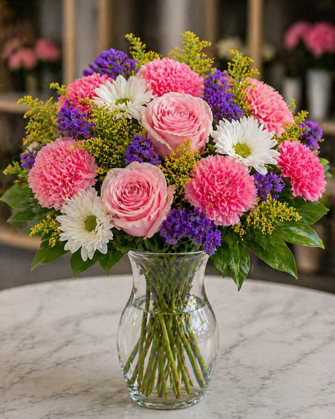 Jardin Rosé - Elegant, cheerful, and delicately romantic, Jardin Rosé is a charming garden-style arrangement featuring blush pink roses, vibrant pink carnations, white daisies, rich purple statice, and airy golden solidago gathered in a timeless clear glass vase. The playful blend of soft pinks, crisp whites, and vivid lavender accents creates a floral design that feels joyful, fresh, and beautifully feminine.