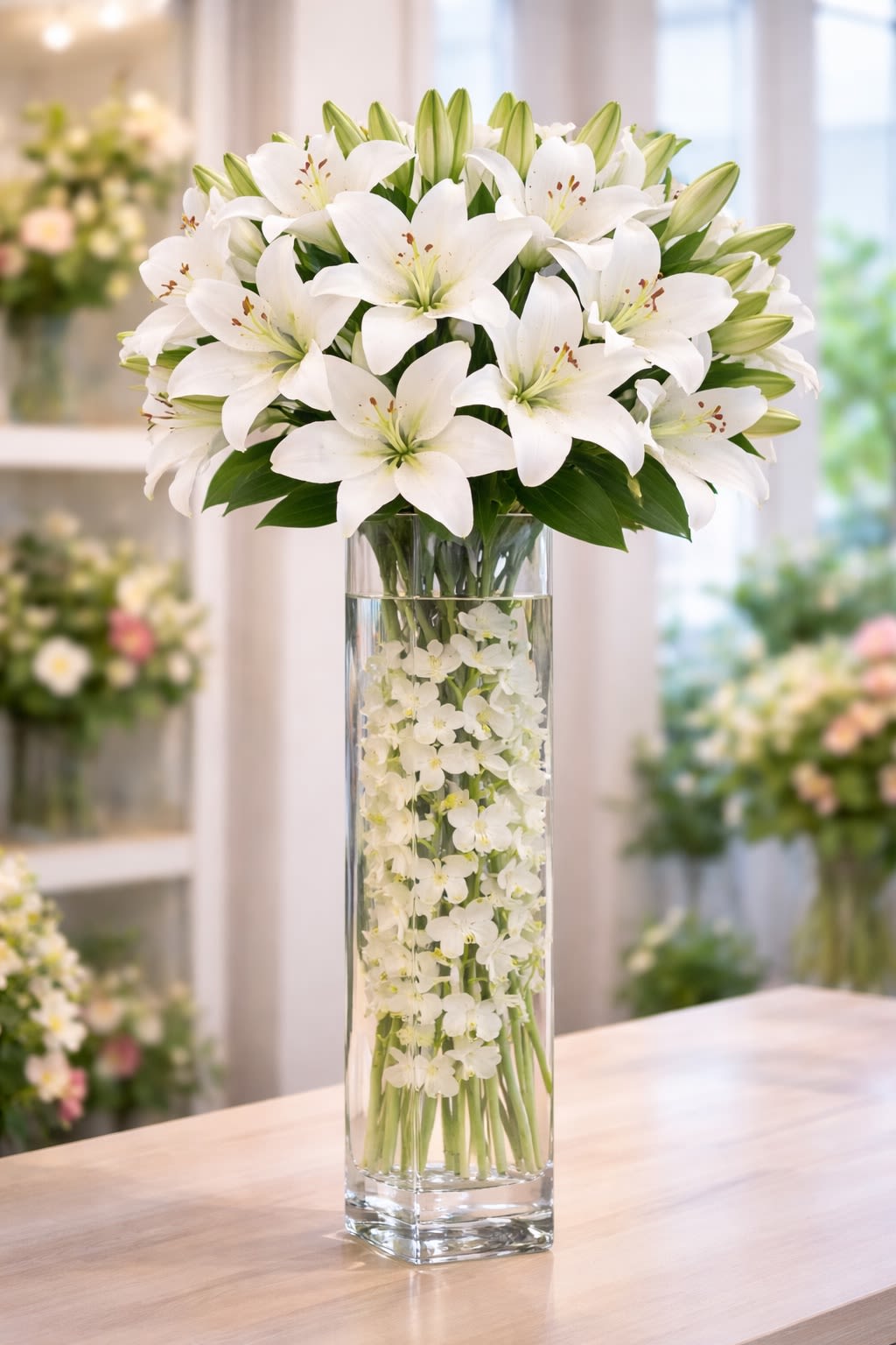 Lumiere Elegante - A refined and luminous design, Lumière Élégante features elegant white lilies arranged in a full, rounded composition, complemented by delicate white dendrobium orchids beautifully submerged in water inside a sleek glass cylinder vase. The layered effect of floating stems and submerged blooms creates a radiant, light-filled look that feels both modern and timeless. This arrangement is perfect for sympathy occasions, weddings, or adding a serene, sophisticated glow to any space. Flower &amp; Container Disclaimer: White lilies and white dendrobium orchids are used in this design; however, due to seasonal availability and market conditions, substitutions of equal or greater value may be made while preserving the overall white color palette and elegant style. Vase or container may vary depending on availability but will always maintain a similar clean and modern aesthetic.