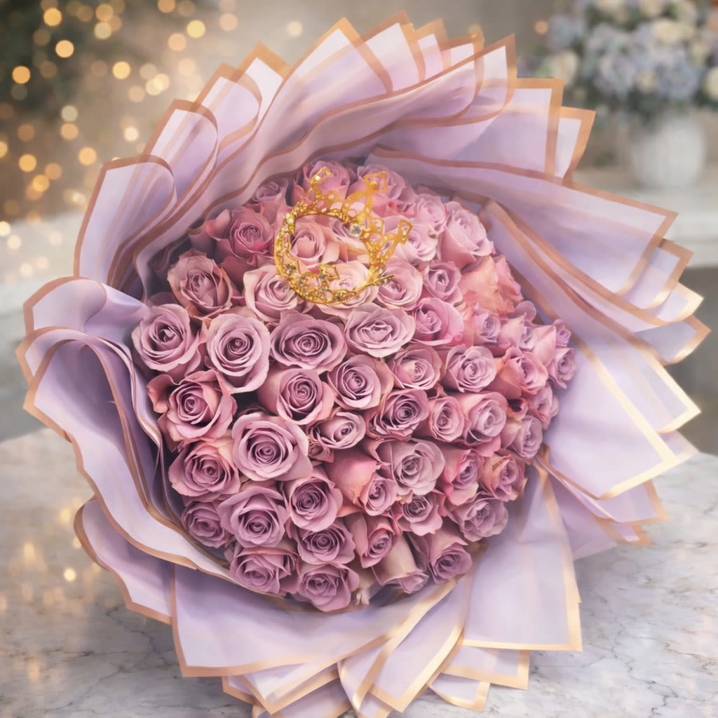 Moonlight Lilac 50 Roses - Moonlight Lilac Elegant, romantic, and gracefully abundant, Moonlight Lilac by HOUSE OF BLOOM &amp; EVENTS LLC features 50 premium lavender roses arranged in a full, rounded presentation. Wrapped in soft layered lilac-toned paper with delicate gold accents, this bouquet captures the quiet beauty of moonlight and the timeless charm of classic romance. The gentle lavender hue symbolizes admiration, enchantment, and refined love, making this design perfect for Valentine’s Day, anniversaries, birthdays, or any moment meant to feel unforgettable. Each bouquet is carefully handcrafted to create a luxurious and balanced silhouette that feels both modern and sophisticated. Flower selection may vary slightly based on seasonal availability. When substitutions are necessary, we thoughtfully select similar blooms and tones to preserve the overall style, color palette, and elegance of the design. Wrapping paper may vary based on availability. If the exact wrapping shown is unavailable, we will carefully select a similar style and color to maintain the same overall look, elegance, and romantic vibe of the design.