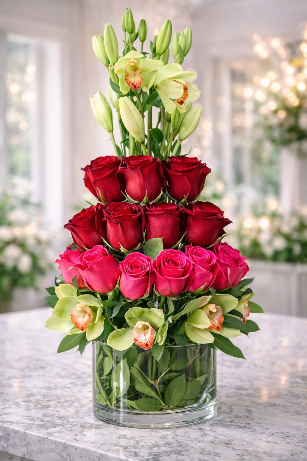Orchid &amp; Rose Majesty - A luxurious multi-tier arrangement featuring premium red and hot pink roses, elegant cymbidium orchids, and fresh lily blooms arranged in a modern clear glass vase. Designed with height and structure, this piece showcases layers of vibrant roses accented by soft green orchids and graceful lily stems for a dramatic yet refined presentation. The combination of rich crimson tones and fresh botanical elements creates a sophisticated and romantic statement. Perfect for anniversaries, proposals, Valentine’s Day, milestone celebrations, or making a grand impression. • Premium red roses • Hot pink roses • Cymbidium orchids • Fresh lily blooms • Modern glass cylinder vase included • Structured, tiered luxury design Handcrafted for height, fullness, and upscale presentation. ⸻  Seasonal &amp; Freshness Guarantee We select the freshest blooms available to ensure long-lasting beauty and premium quality. Because flowers are seasonal and market availability may vary, certain accent blooms or specific shades may occasionally be substituted. If substitutions are necessary, we will: • Maintain the same red and pink romantic color palette • Preserve the same structured, tiered design style • Keep the same overall size and premium value • Use flowers of equal or greater quality Your arrangement will always reflect the same elegant and grand aesthetic shown — never a simplified or reduced version. Each piece is thoughtfully designed to maintain balance, height, and luxury appeal.