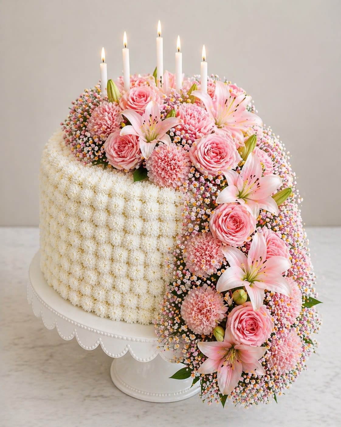 Pink Whisper Cake - A soft and romantic floral cake designed with elegance in every detail. Pink Whisper Cake features a full base of white cushion pom-pom chrysanthemums, creating a plush, cloud-like texture all around. The top is delicately arranged with blush pink roses, lilies, carnations, and baby’s breath, flowing into a graceful cascading design down one side. Finished with classic white candles, this cake captures a dreamy, feminine, and luxurious feel. Perfect for birthdays, baby showers, bridal celebrations, or any moment that calls for something beautiful and unforgettable. Each cake is handcrafted, and flower substitutions may occur based on seasonal availability while maintaining the same soft pink palette and overall design.