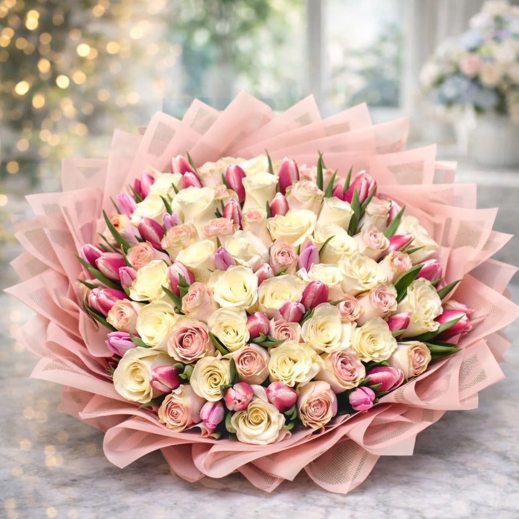 Pink Whispers - Pink Whispers Soft, romantic, and beautifully abundant, Pink Whispers by HOUSE OF BLOOM &amp; EVENTS LLC features a luxurious blend of creamy ivory roses, delicate blush roses, and fresh pink tulips. Wrapped in elegant layered blush-toned paper, this bouquet offers a full, garden-inspired presentation that feels both timeless and modern. Designed to make a lasting impression, Pink Whispers is perfect for Valentine’s Day, anniversaries, birthdays, or any moment that calls for something truly special. Each bouquet is handcrafted with care using fresh, premium flowers to ensure a refined and breathtaking arrangement. Flower selection may vary slightly based on seasonal availability. Any substitutions will be made with similar flowers and tones to maintain the overall look, style, and elegance of the design. Wrapping paper may vary based on availability. If the exact wrapping shown is unavailable, we will carefully select a similar style and color to maintain the same overall look, elegance, and romantic vibe of the design.