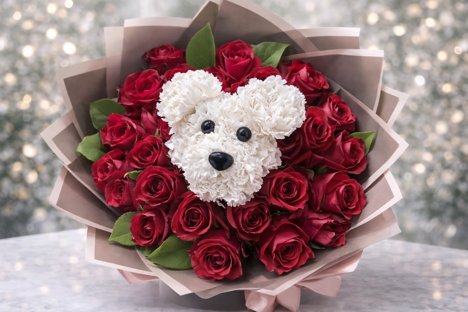 Pure Love Pup Bouquet - A truly unique and heart-melting arrangement designed for pet lovers and romantics alike. Pure love pup bouquet features rich red roses beautifully gathered around an artistic white floral puppy centerpiece, symbolizing loyalty, unconditional love, and devotion. Wrapped in sleek, modern paper, this bouquet blends elegance with playful charm-perfect for birthdays, anniversaries, Valentine's Day, or as a meaningful "Just because" gift. Each bouquet is handcrafted to make a lasting impression and guaranteed to bring smiles. Flowers are subject to seasonal and daily availability. When certain blooms are unavailable, we thoughtfully select similar flowers and tones to closely match the overall look, style, and color palette shown, ensuring the arrangement you receive reflects the elegance and spirit of the original design. Wrapping paper may vary based on availability. If the exact wrapping shown is unavailable, we will carefully select a similar style and color to maintain the same overall look, elegance, and romantic vibe of the design.